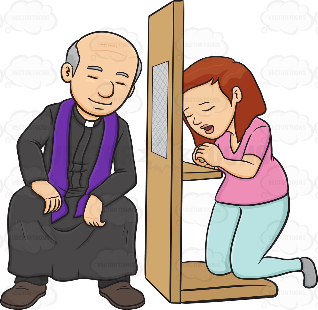 A woman with medium length red hair, wearing a pink shirt, light blue leggings and gray shoes, kneels on a kneeler with soft beige cushion, as she closes and bows her head to pray, both hands together in praying position and resting on top of a beige confessional, that is separating her from a seated priest  with balding gray hair, wearing a black clergy gown, white collar, a violet stole worn around his neck, black pants and black shoes, both of his eyes are closed in concentration